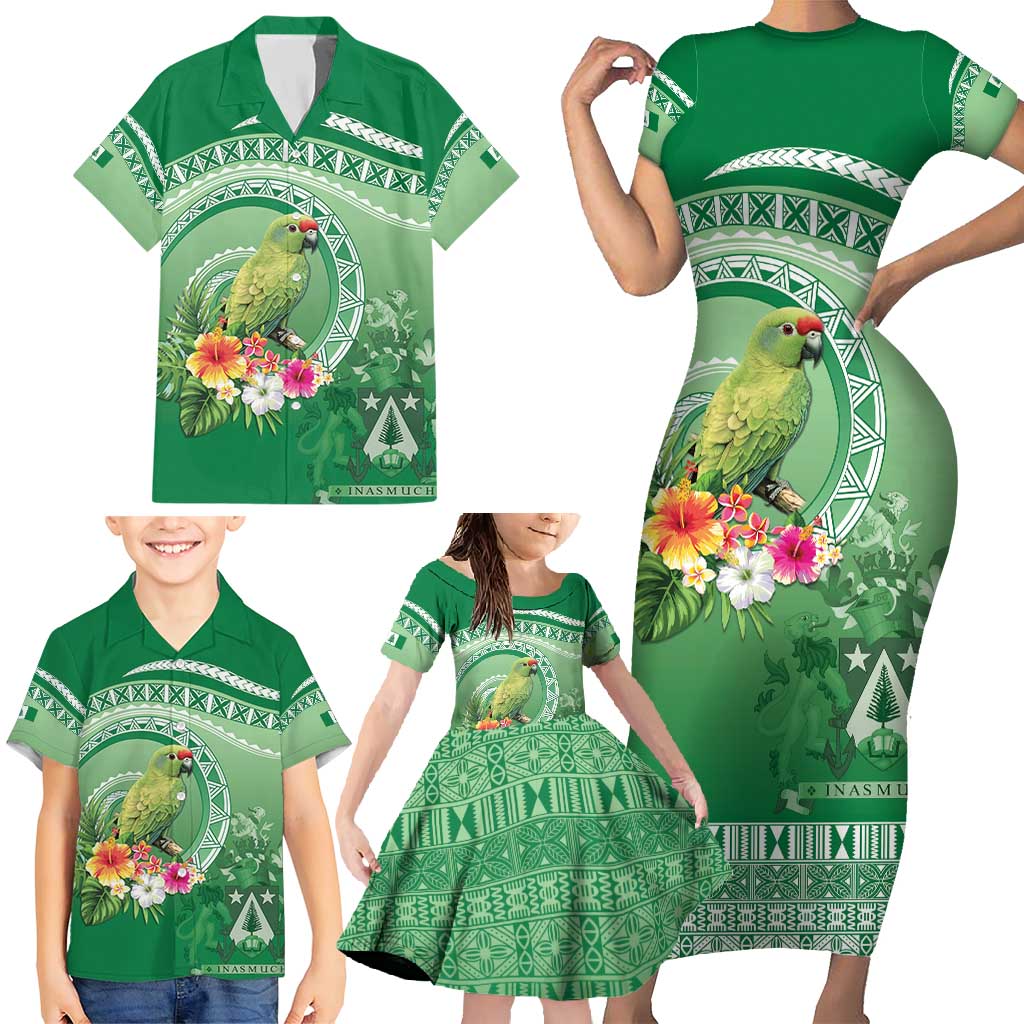 Norfolk Parakeet Tropical Family Matching Short Sleeve Bodycon Dress and Hawaiian Shirt Norfolk Island Tribal Pattern