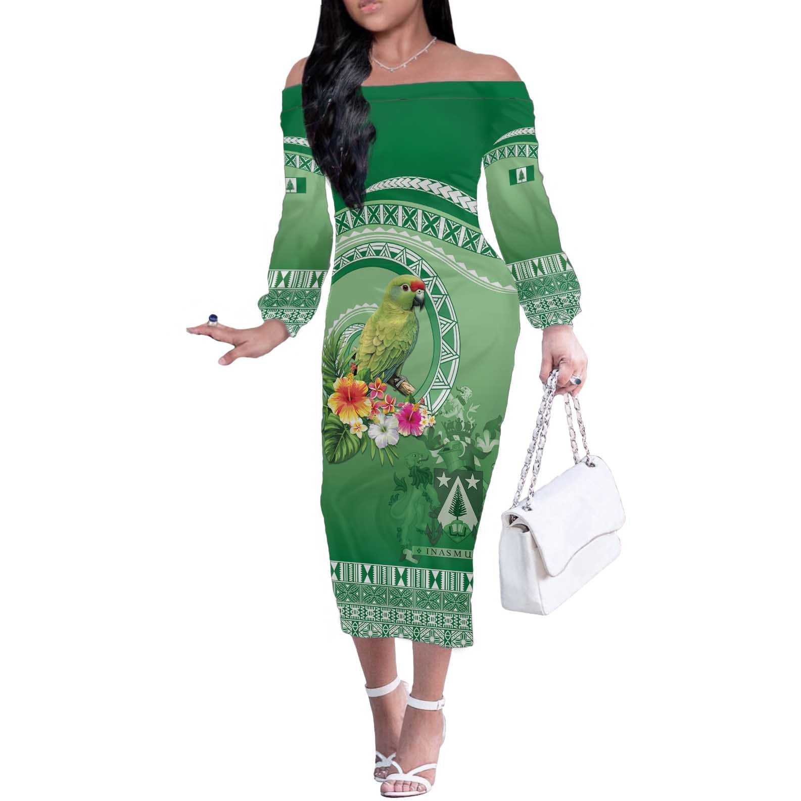 Norfolk Parakeet Tropical Off The Shoulder Long Sleeve Dress Norfolk Island Tribal Pattern