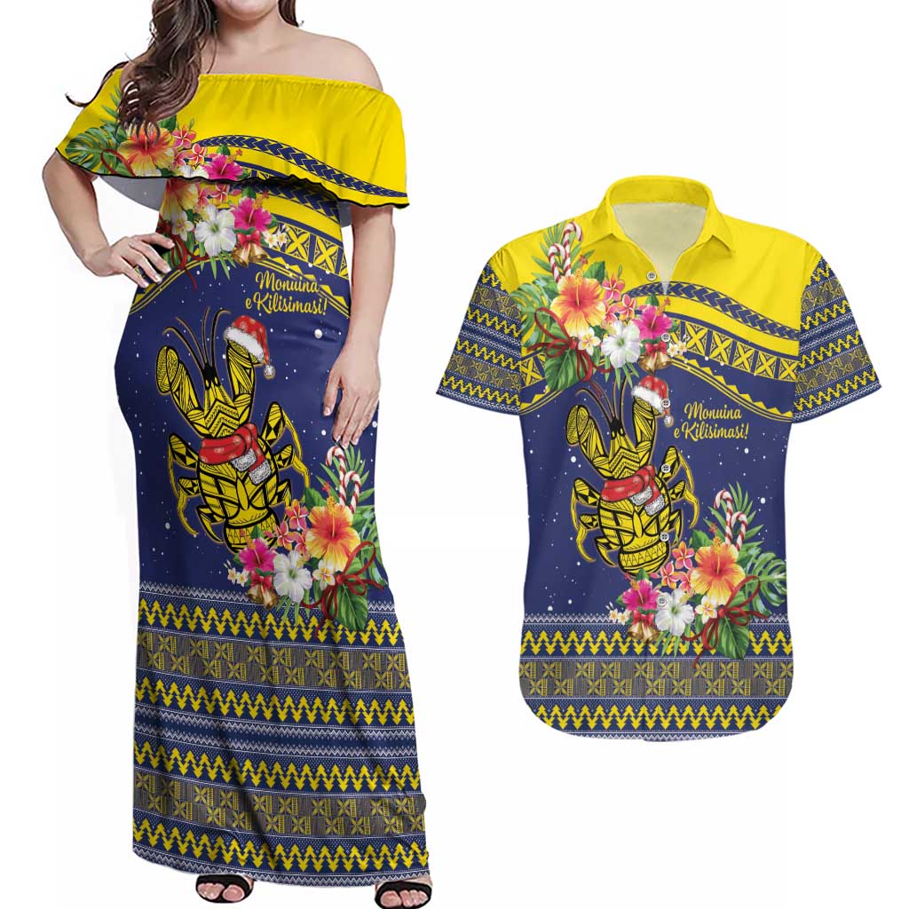 Monuina e Kilisimasi Niue Christmas Couples Matching Off Shoulder Maxi Dress and Hawaiian Shirt Niuean Tribal Pattern