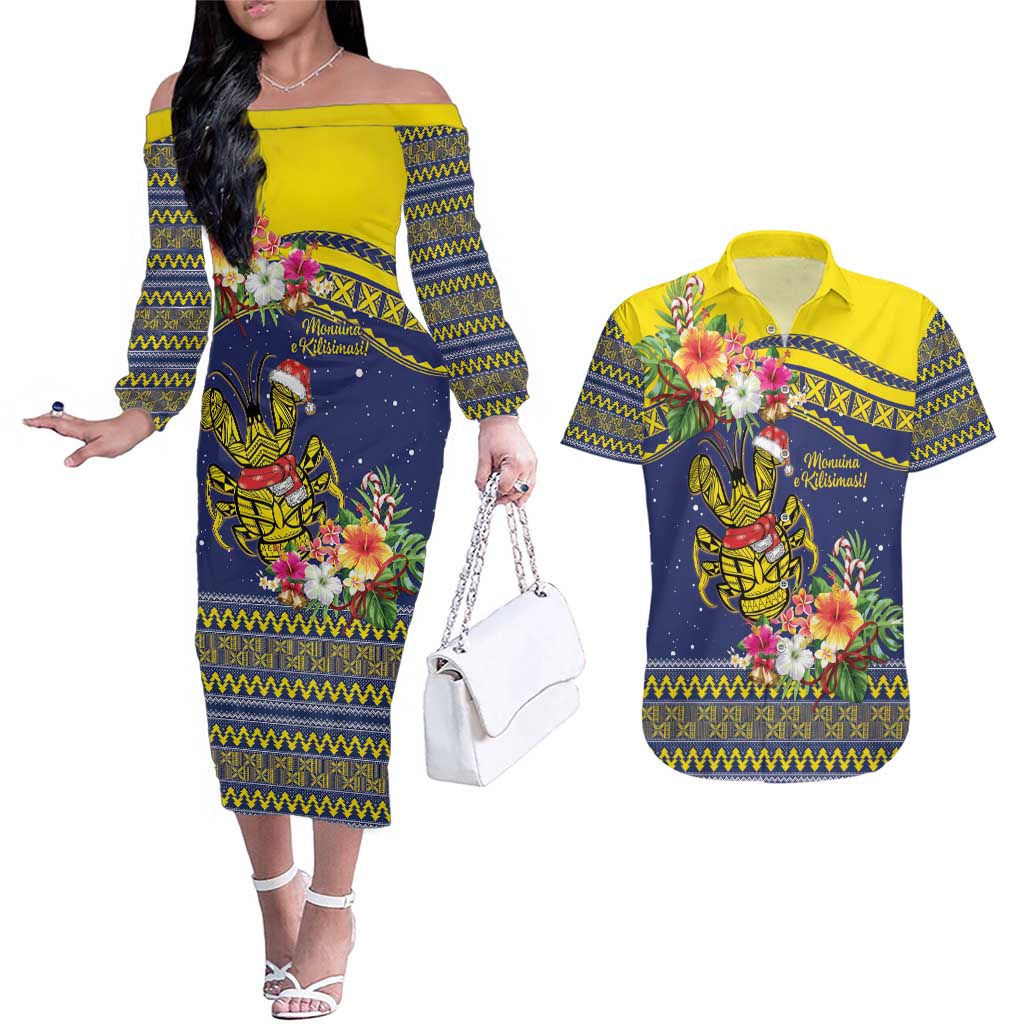 Monuina e Kilisimasi Niue Christmas Couples Matching Off The Shoulder Long Sleeve Dress and Hawaiian Shirt Niuean Tribal Pattern