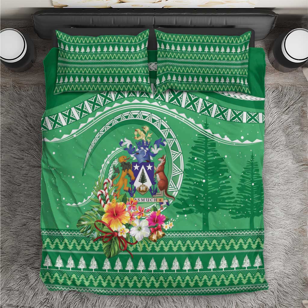 Norfolk Island Pine Tree Christmas Bedding Set Coat of Arm and Polynesian Pattern