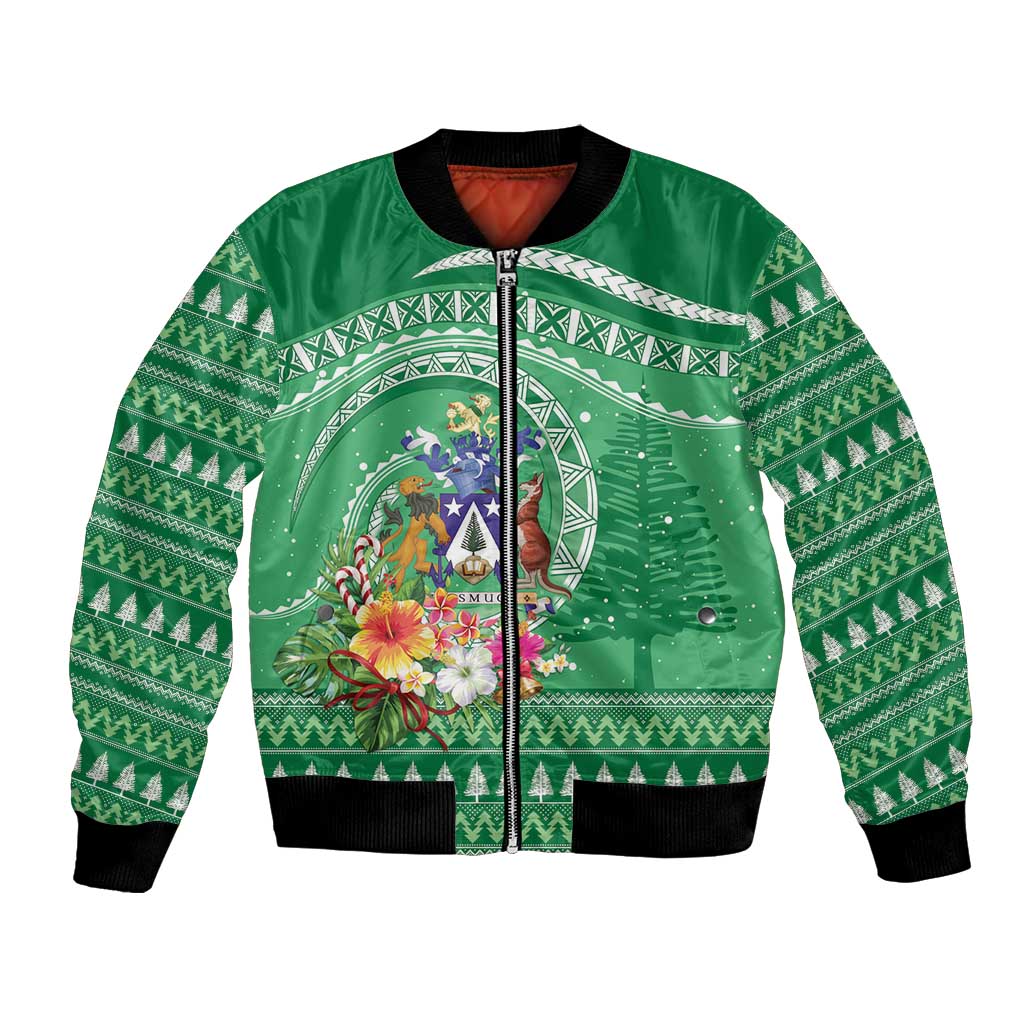 Norfolk Island Pine Tree Christmas Bomber Jacket Coat of Arm and Polynesian Pattern