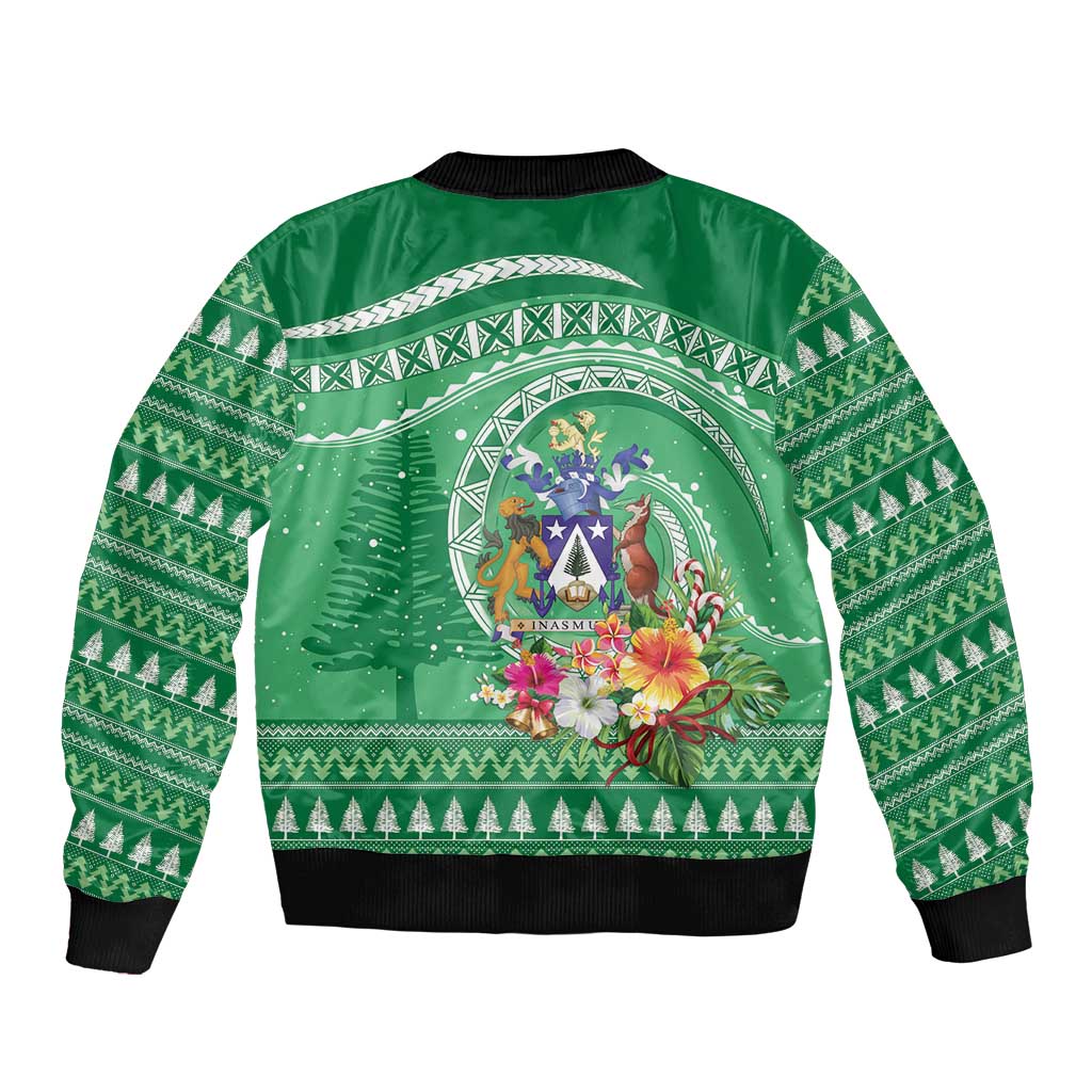 Norfolk Island Pine Tree Christmas Bomber Jacket Coat of Arm and Polynesian Pattern