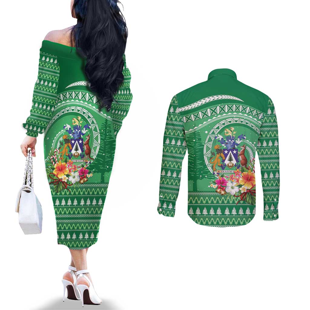 Norfolk Island Pine Tree Christmas Couples Matching Off The Shoulder Long Sleeve Dress and Long Sleeve Button Shirt Coat of Arm and Polynesian Pattern