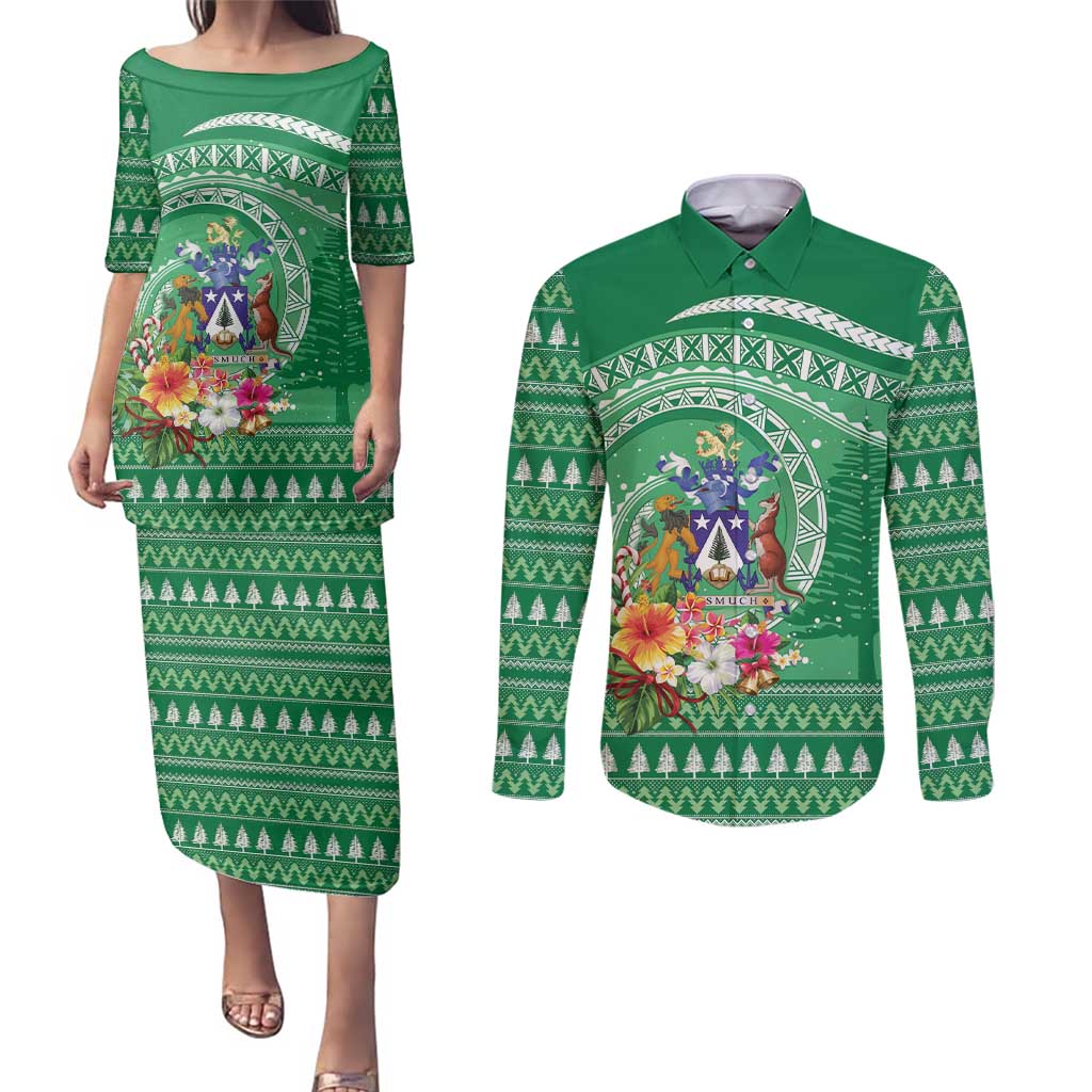 Norfolk Island Pine Tree Christmas Couples Matching Puletasi and Long Sleeve Button Shirt Coat of Arm and Polynesian Pattern