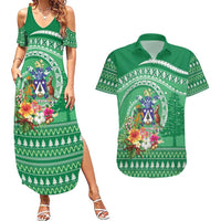 Norfolk Island Pine Tree Christmas Couples Matching Summer Maxi Dress and Hawaiian Shirt Coat of Arm and Polynesian Pattern