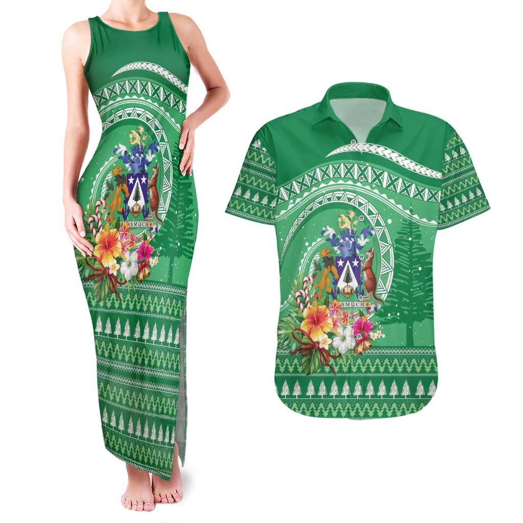 Norfolk Island Pine Tree Christmas Couples Matching Tank Maxi Dress and Hawaiian Shirt Coat of Arm and Polynesian Pattern