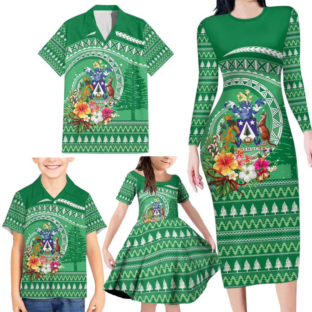 Norfolk Island Pine Tree Christmas Family Matching Long Sleeve Bodycon Dress and Hawaiian Shirt Coat of Arm and Polynesian Pattern