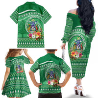 Norfolk Island Pine Tree Christmas Family Matching Off The Shoulder Long Sleeve Dress and Hawaiian Shirt Coat of Arm and Polynesian Pattern