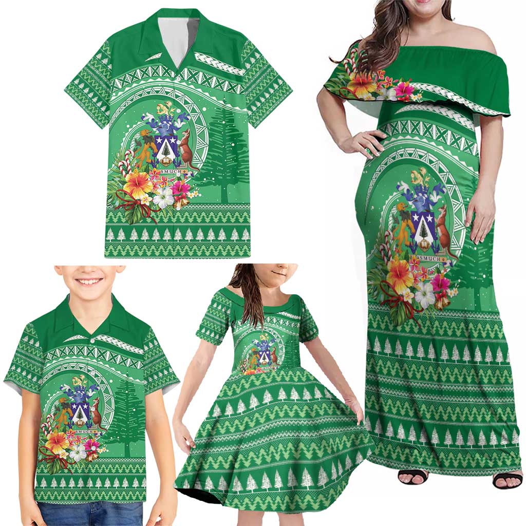 Norfolk Island Pine Tree Christmas Family Matching Off Shoulder Maxi Dress and Hawaiian Shirt Coat of Arm and Polynesian Pattern