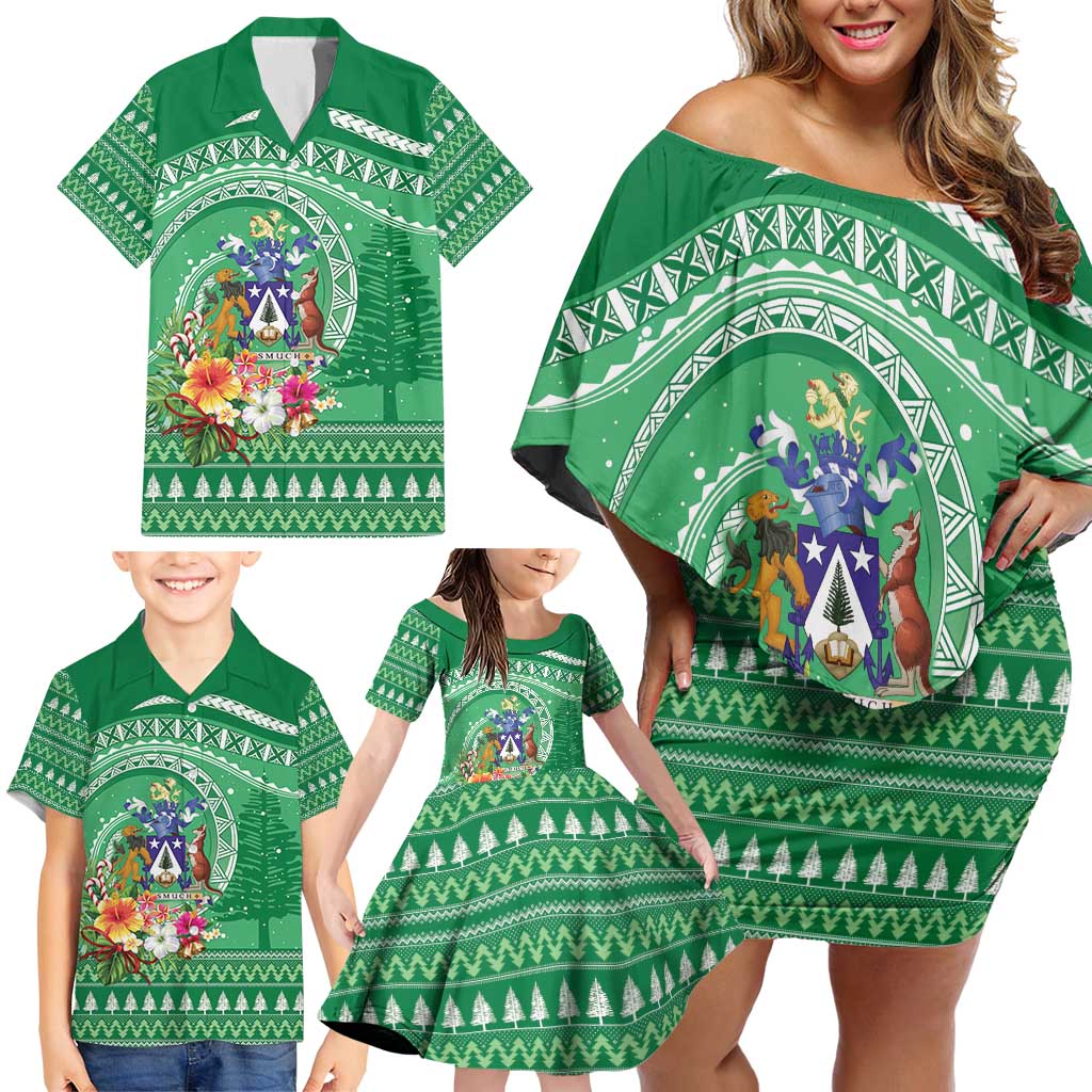 Norfolk Island Pine Tree Christmas Family Matching Off Shoulder Short Dress and Hawaiian Shirt Coat of Arm and Polynesian Pattern