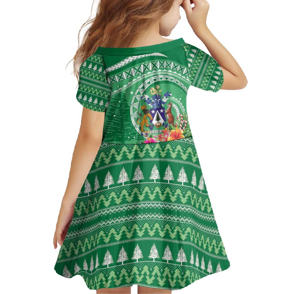 Norfolk Island Pine Tree Christmas Family Matching Short Sleeve Bodycon Dress and Hawaiian Shirt Coat of Arm and Polynesian Pattern