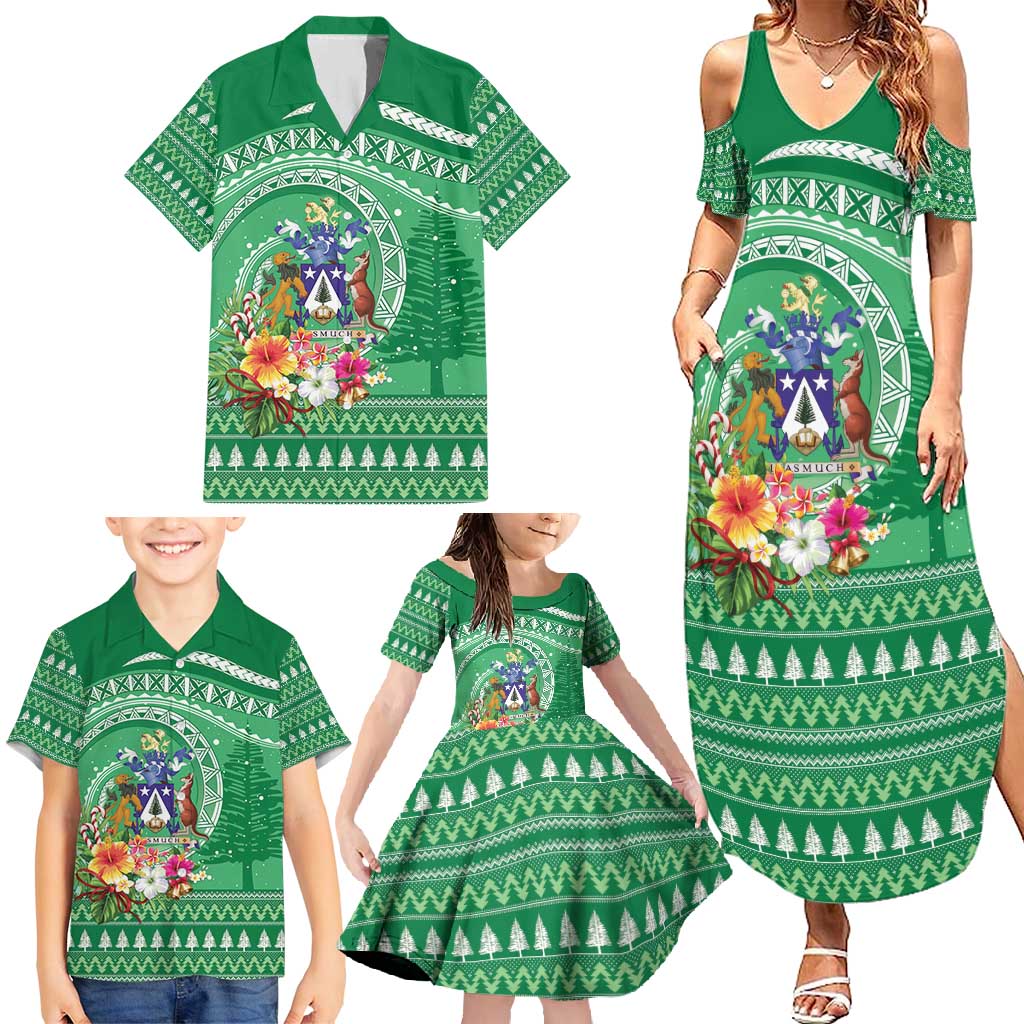 Norfolk Island Pine Tree Christmas Family Matching Summer Maxi Dress and Hawaiian Shirt Coat of Arm and Polynesian Pattern