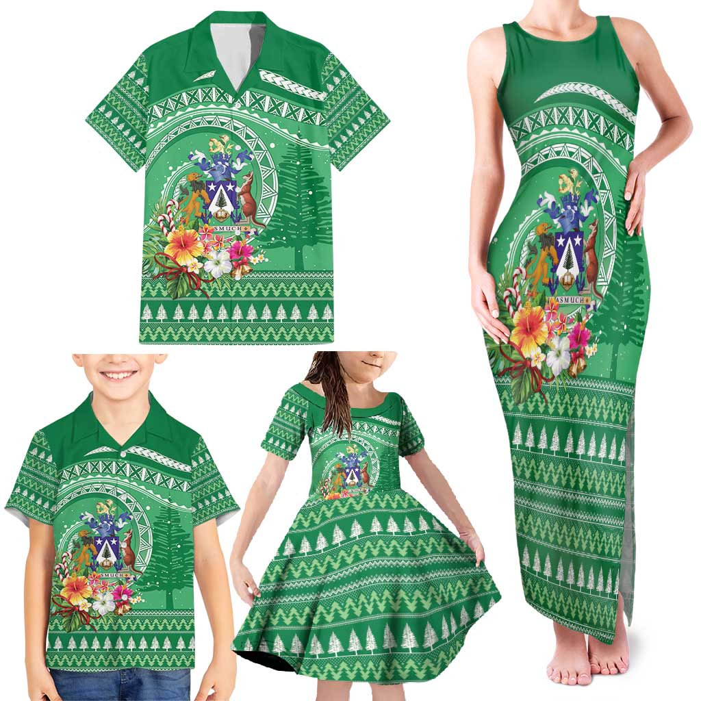 Norfolk Island Pine Tree Christmas Family Matching Tank Maxi Dress and Hawaiian Shirt Coat of Arm and Polynesian Pattern