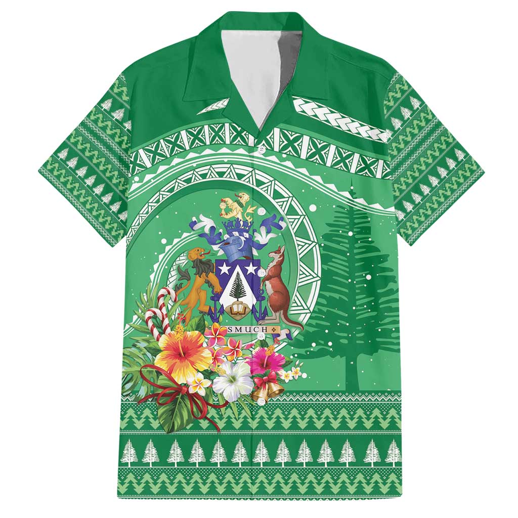 Norfolk Island Pine Tree Christmas Hawaiian Shirt Coat of Arm and Polynesian Pattern