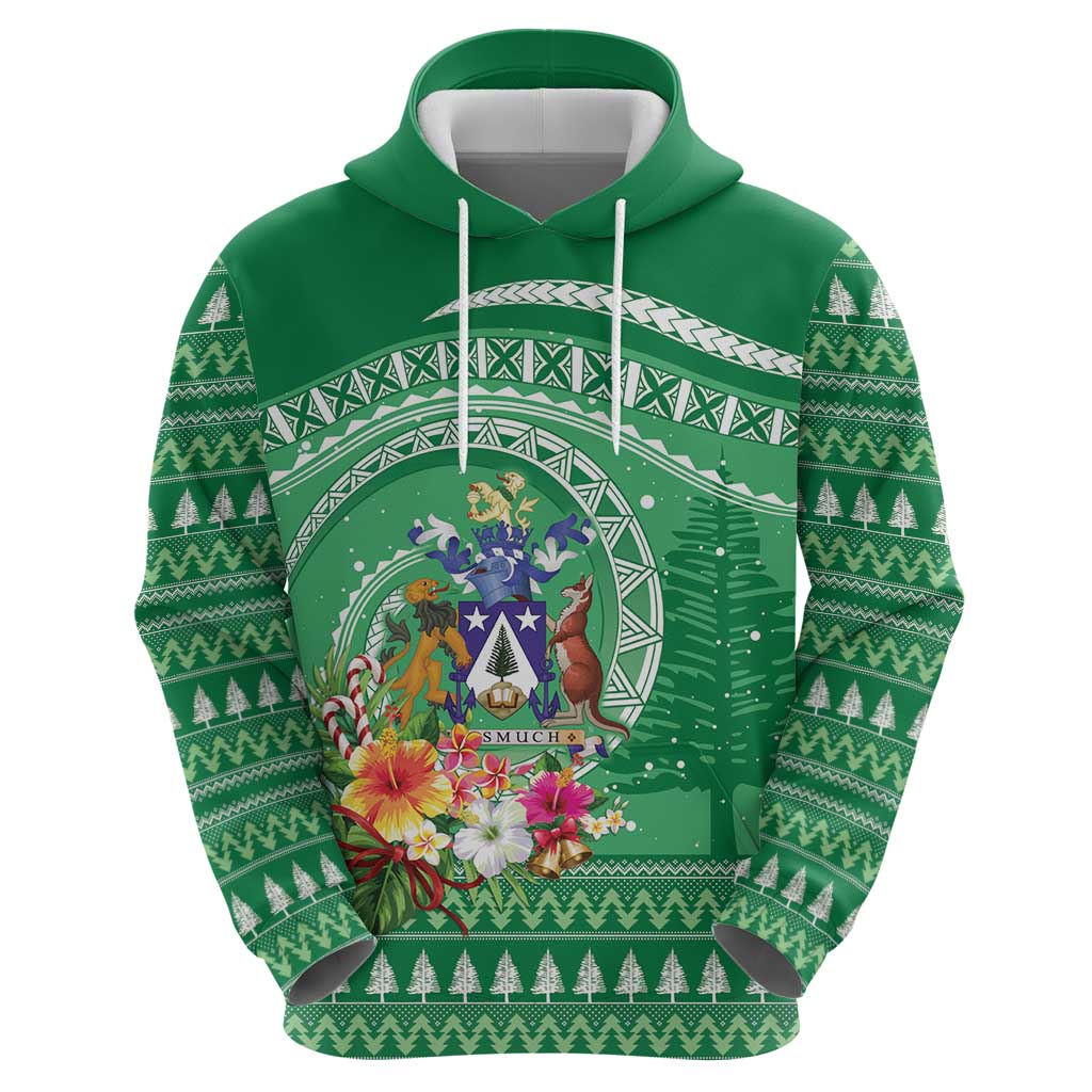 Norfolk Island Pine Tree Christmas Hoodie Coat of Arm and Polynesian Pattern