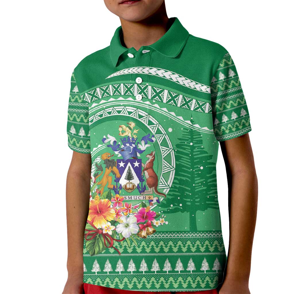 Norfolk Island Pine Tree Christmas Kid Polo Shirt Coat of Arm and Polynesian Pattern