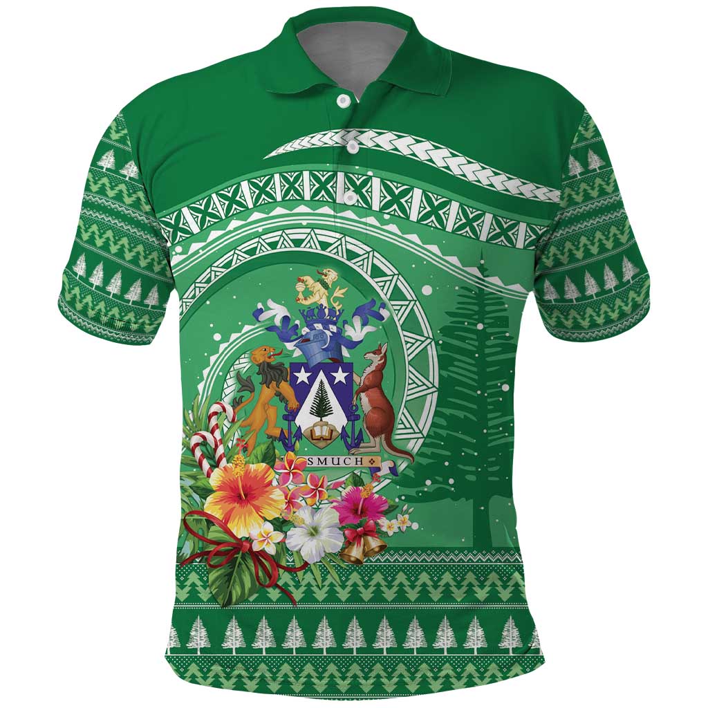 Norfolk Island Pine Tree Christmas Polo Shirt Coat of Arm and Polynesian Pattern