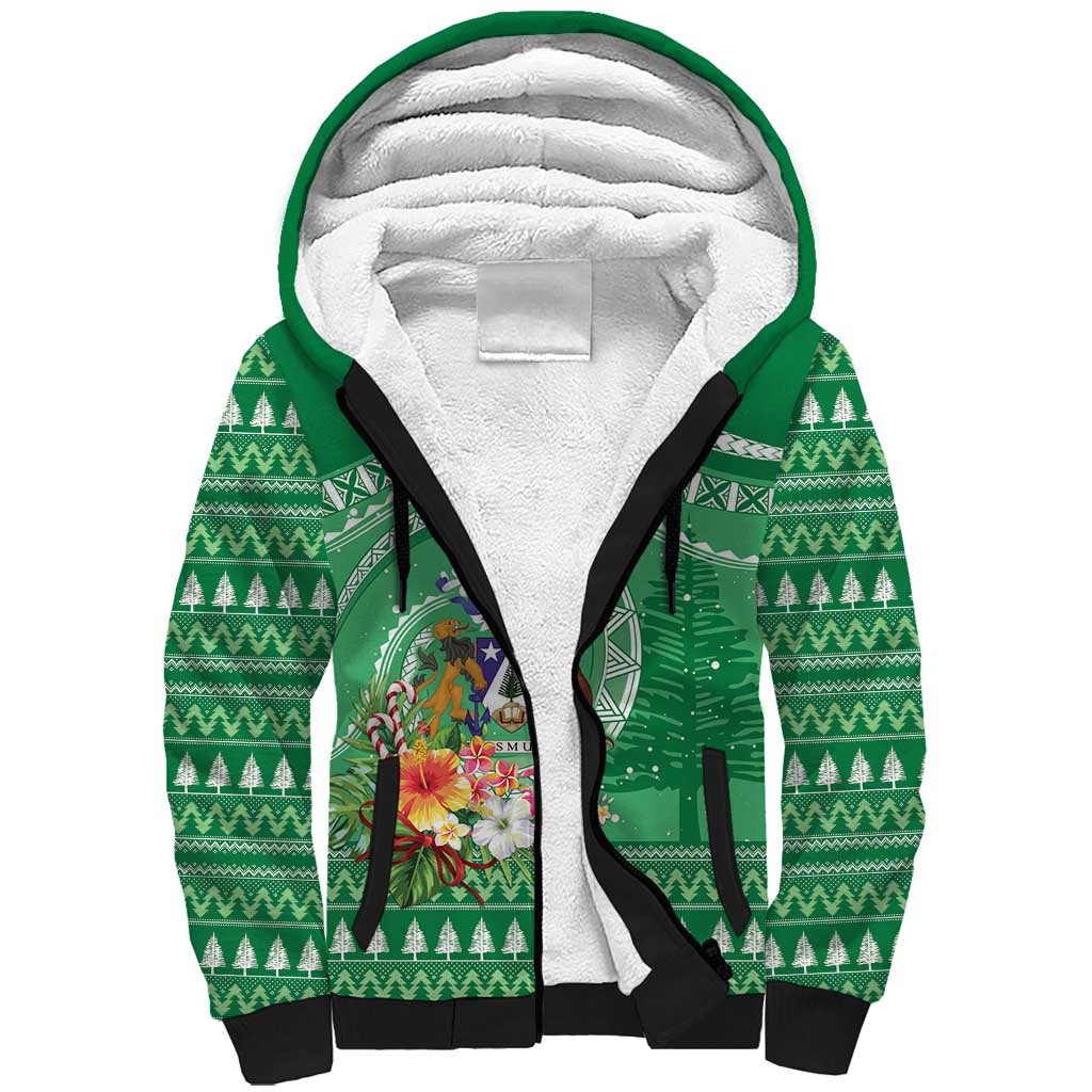 Norfolk Island Pine Tree Christmas Sherpa Hoodie Coat of Arm and Polynesian Pattern