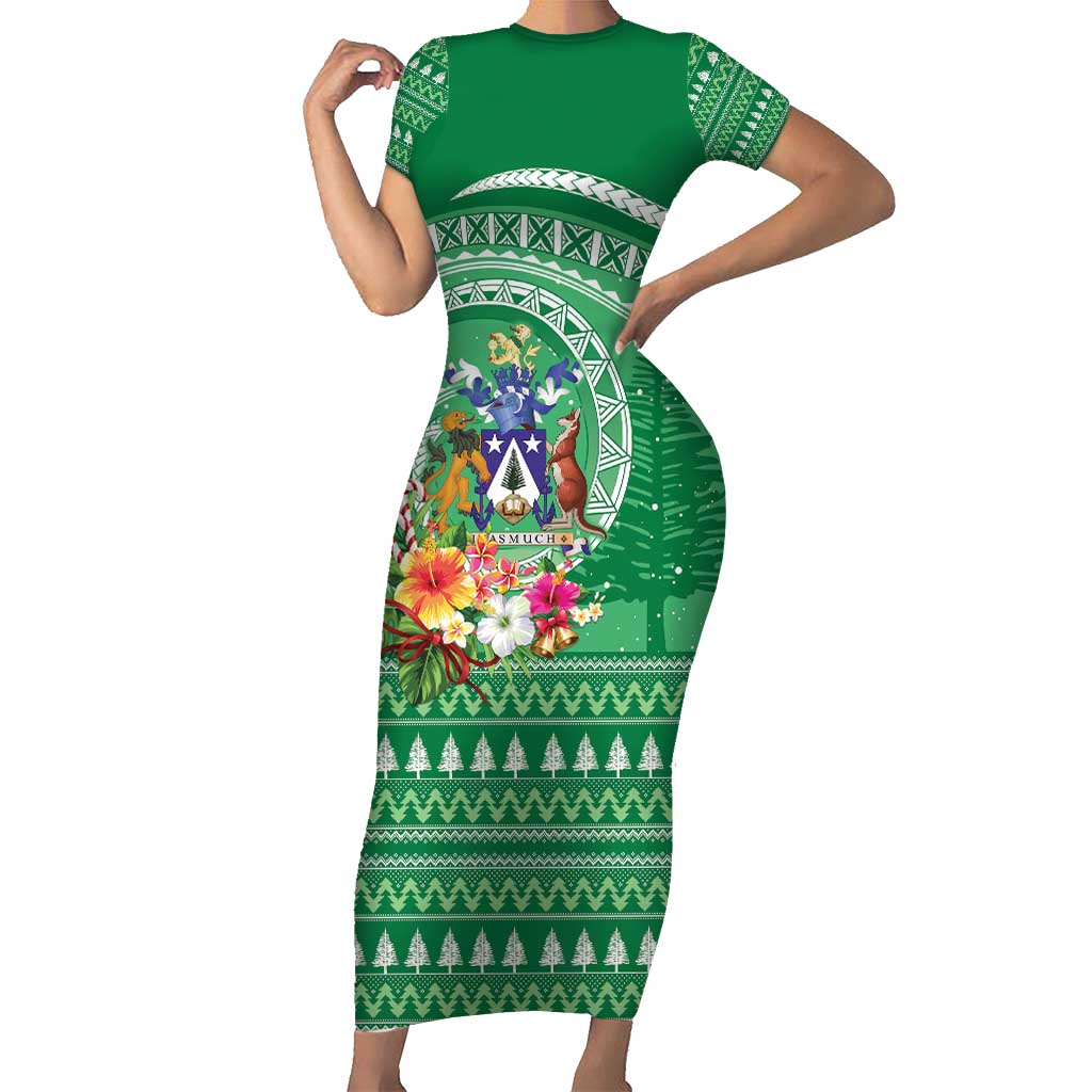 Norfolk Island Pine Tree Christmas Short Sleeve Bodycon Dress Coat of Arm and Polynesian Pattern