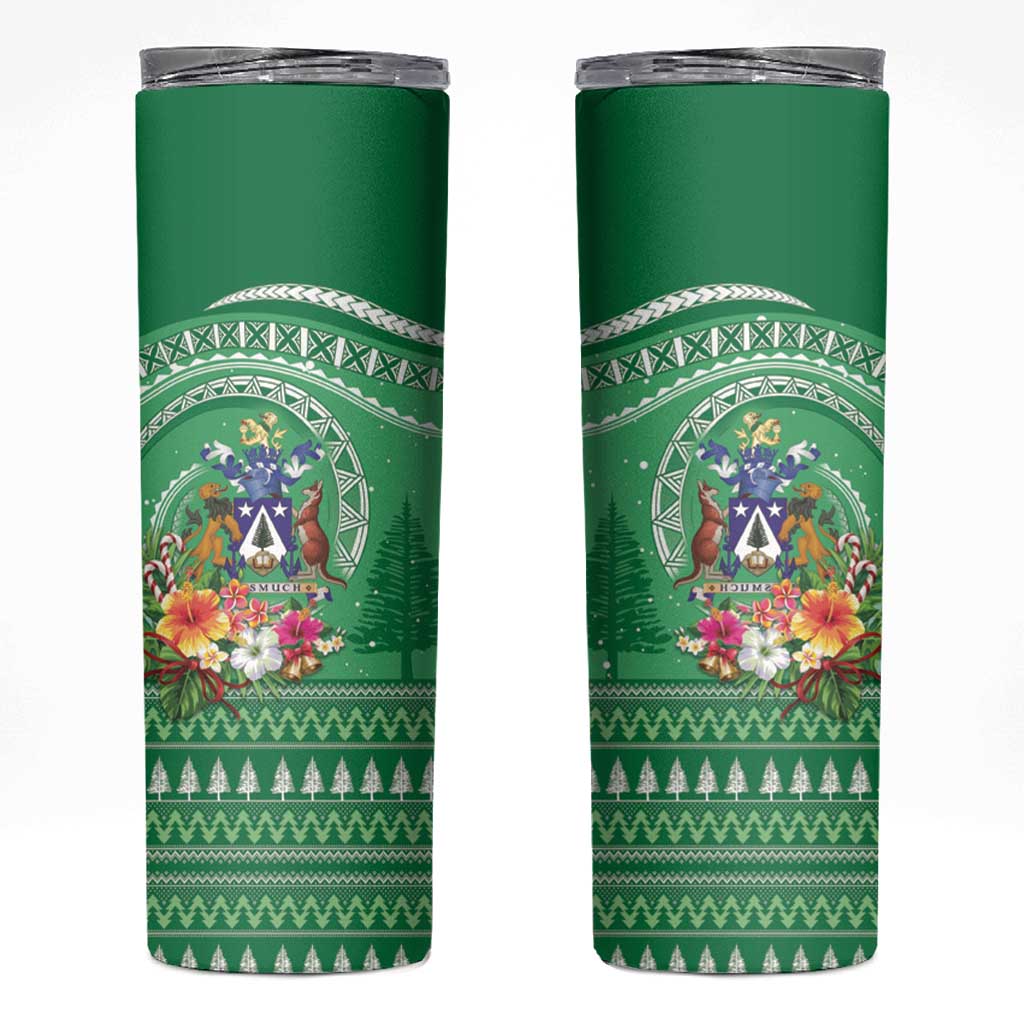 Norfolk Island Pine Tree Christmas Skinny Tumbler Coat of Arm and Polynesian Pattern