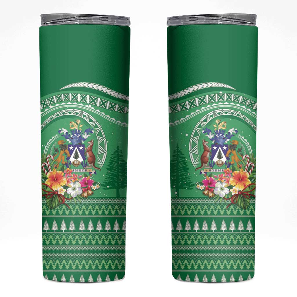 Norfolk Island Pine Tree Christmas Skinny Tumbler Coat of Arm and Polynesian Pattern