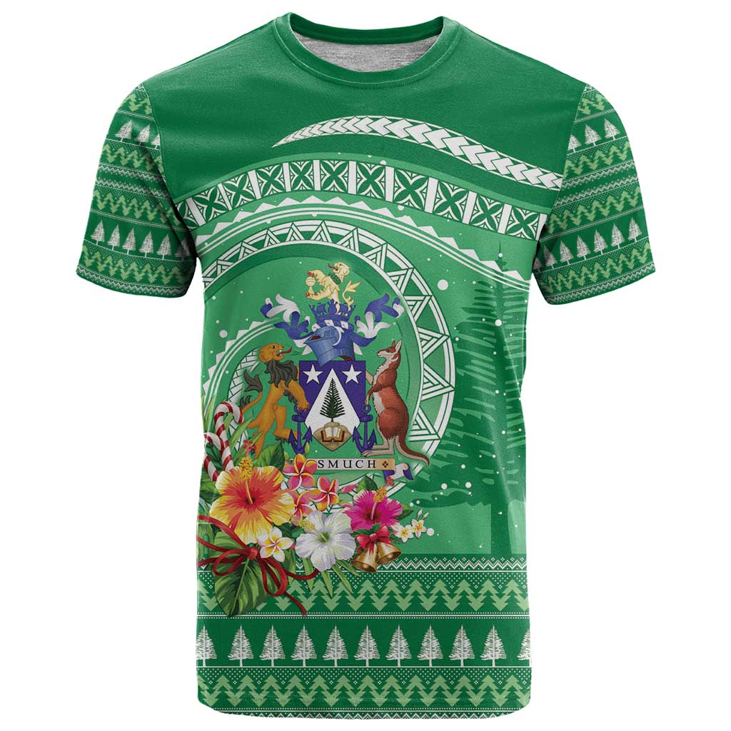 Norfolk Island Pine Tree Christmas T Shirt Coat of Arm and Polynesian Pattern