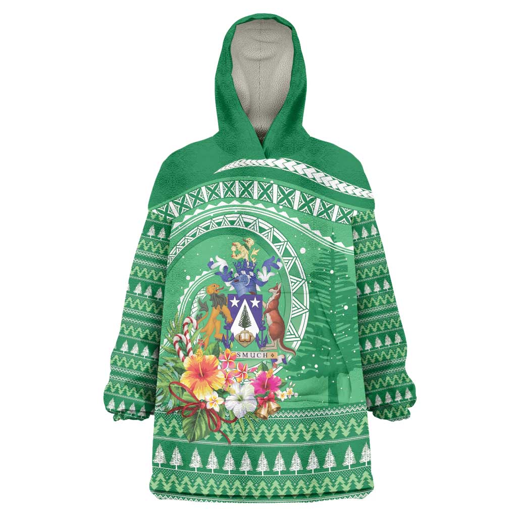 Norfolk Island Pine Tree Christmas Wearable Blanket Hoodie Coat of Arm and Polynesian Pattern