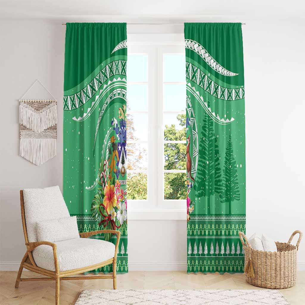Norfolk Island Pine Tree Christmas Window Curtain Coat of Arm and Polynesian Pattern