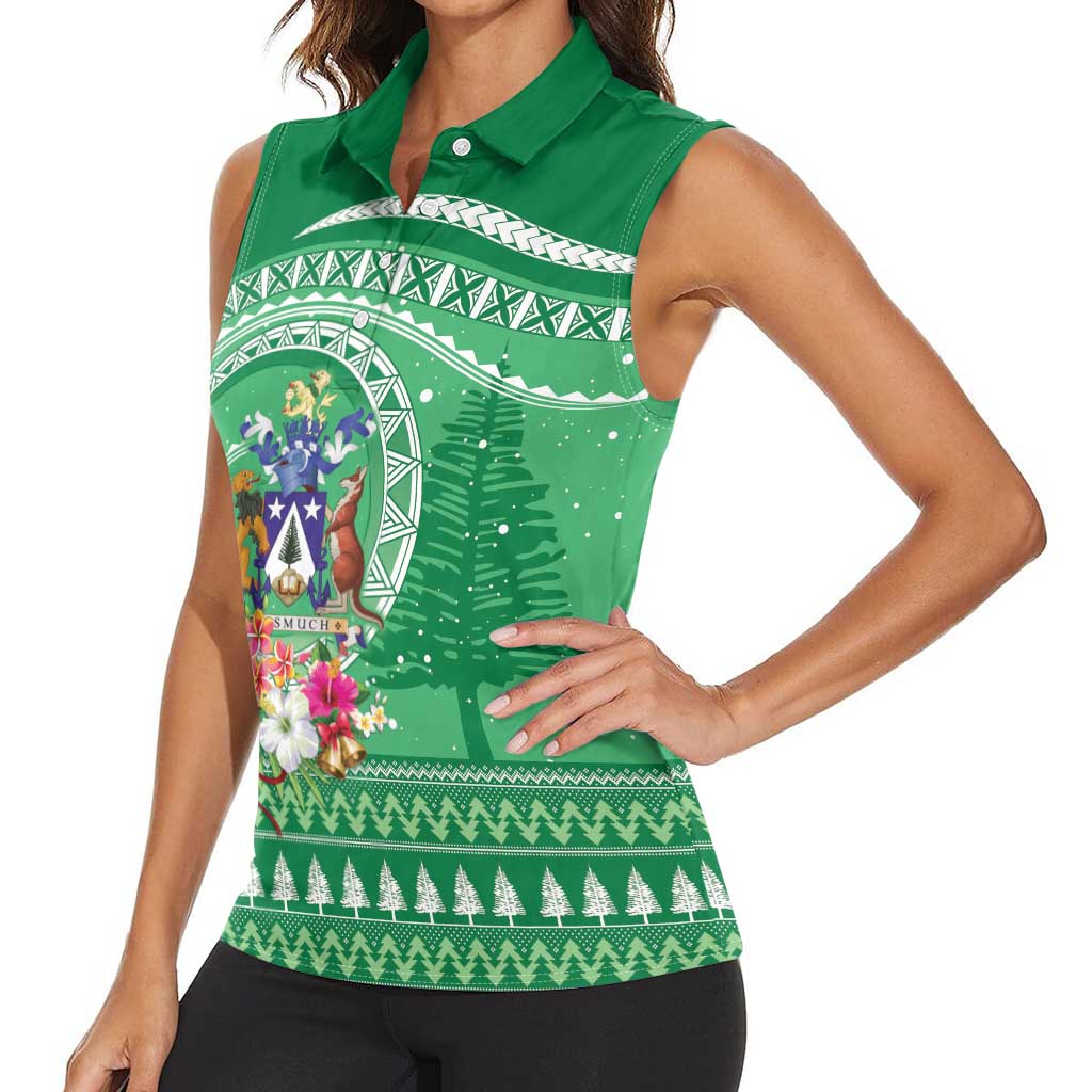 Norfolk Island Pine Tree Christmas Women Sleeveless Polo Shirt Coat of Arm and Polynesian Pattern