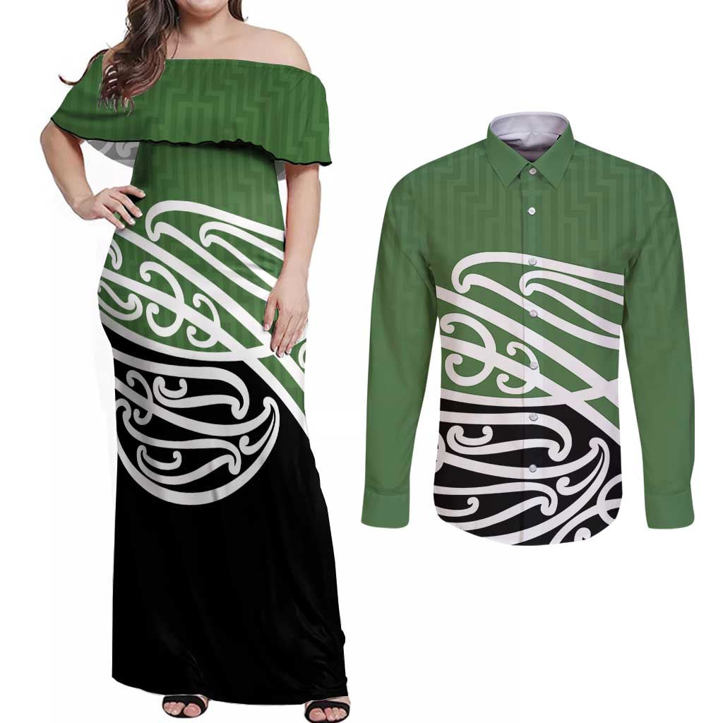 Green Fern New Zealand Kowhai Ngutukak Couples Matching Off Shoulder Maxi Dress and Long Sleeve Button Shirt - Polynesian Pride