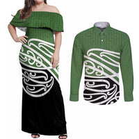 Green Fern New Zealand Kowhai Ngutukak Couples Matching Off Shoulder Maxi Dress and Long Sleeve Button Shirt - Polynesian Pride