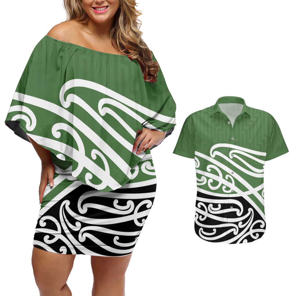 Green Fern New Zealand Kowhai Ngutukak Couples Matching Off Shoulder Short Dress and Hawaiian Shirt - Polynesian Pride