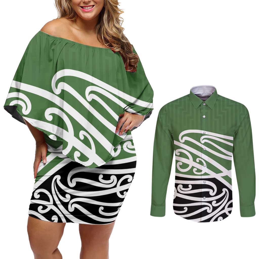 Green Fern New Zealand Kowhai Ngutukak Couples Matching Off Shoulder Short Dress and Long Sleeve Button Shirt - Polynesian Pride