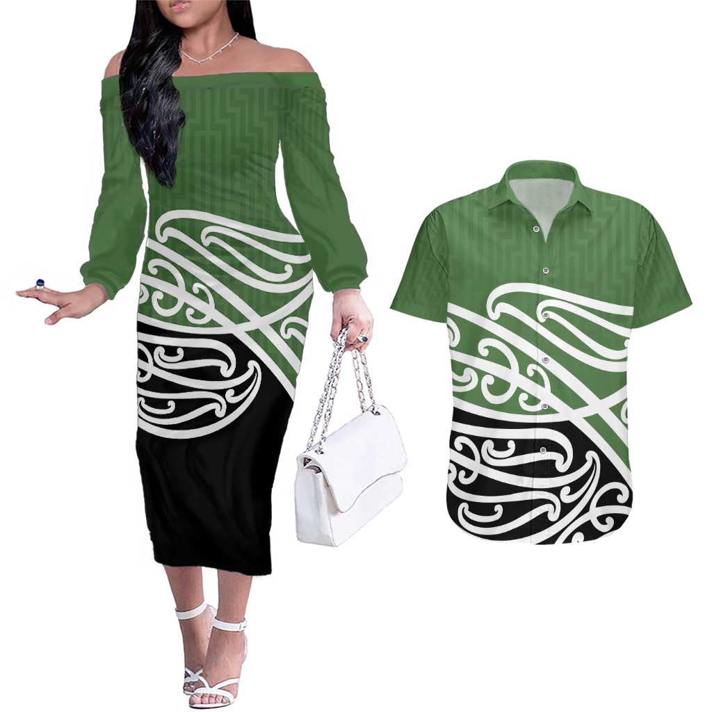 Green Fern New Zealand Kowhai Ngutukak Couples Matching Off The Shoulder Long Sleeve Dress and Hawaiian Shirt - Polynesian Pride