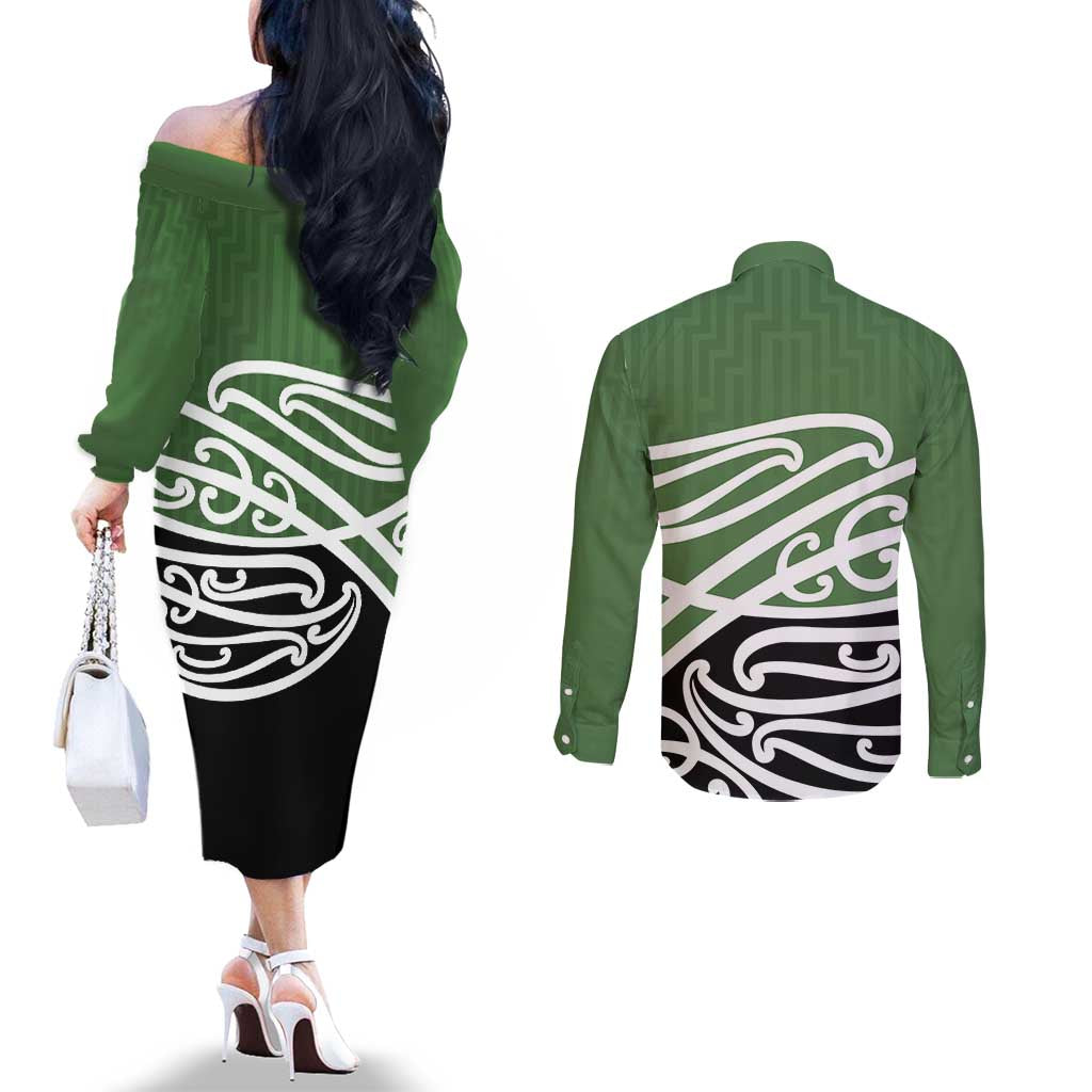 Green Fern New Zealand Kowhai Ngutukak Couples Matching Off The Shoulder Long Sleeve Dress and Long Sleeve Button Shirt - Polynesian Pride