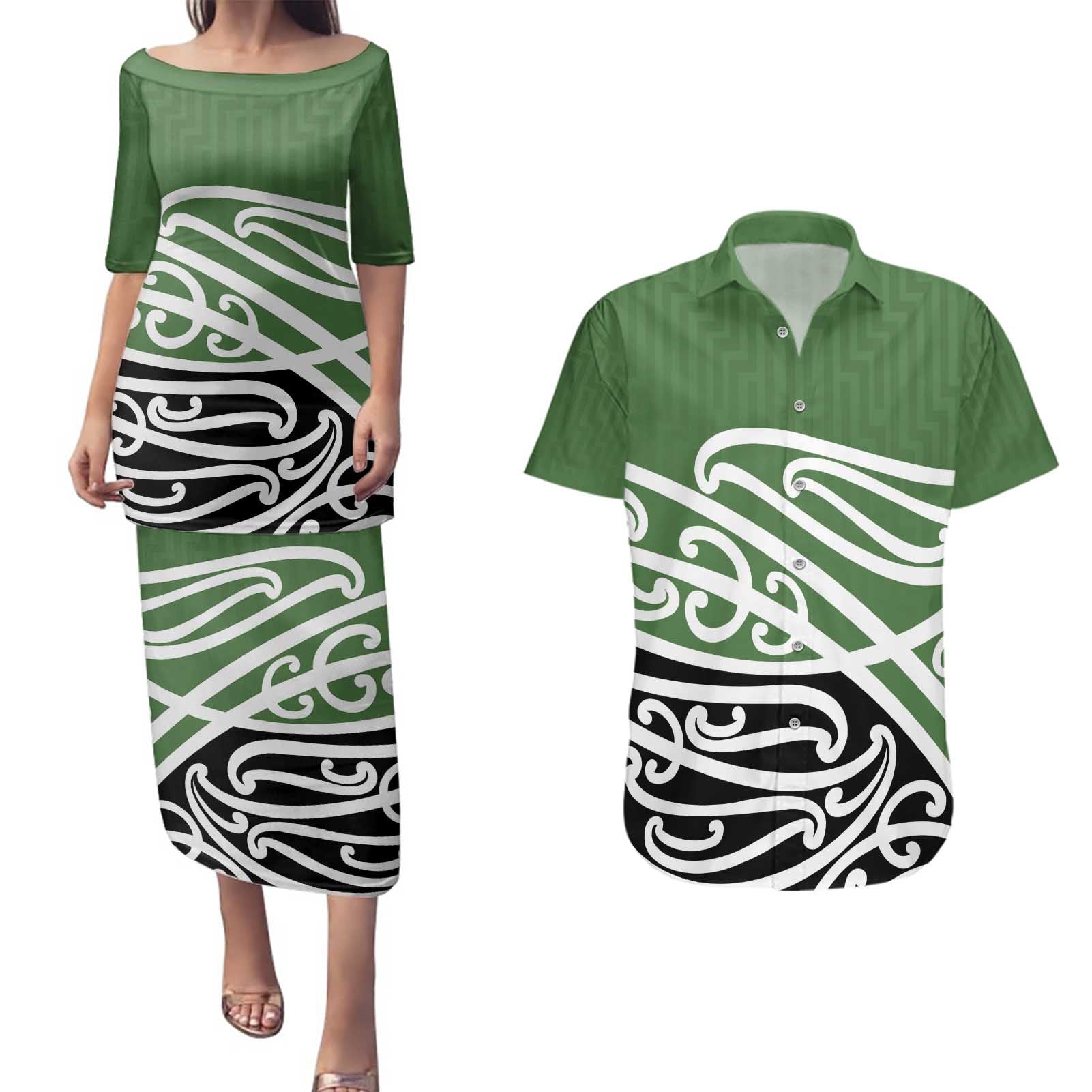 Green Fern New Zealand Kowhai Ngutukak Couples Matching Puletasi and Hawaiian Shirt - Polynesian Pride