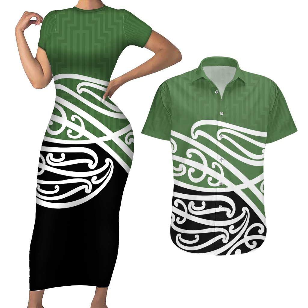 Green Fern New Zealand Kowhai Ngutukak Couples Matching Short Sleeve Bodycon Dress and Hawaiian Shirt - Polynesian Pride