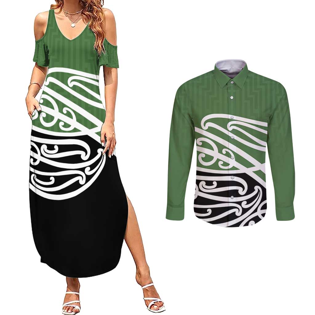 Green Fern New Zealand Kowhai Ngutukak Couples Matching Summer Maxi Dress and Long Sleeve Button Shirt - Polynesian Pride