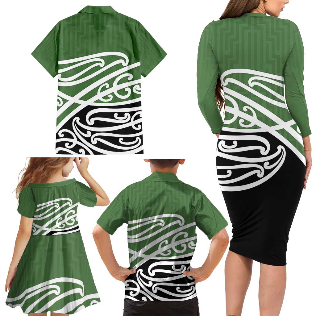 Green Fern New Zealand Kowhai Ngutukak Family Matching Long Sleeve Bodycon Dress and Hawaiian Shirt - Polynesian Pride