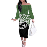 Green Fern New Zealand Kowhai Ngutukak Family Matching Off The Shoulder Long Sleeve Dress and Hawaiian Shirt - Polynesian Pride
