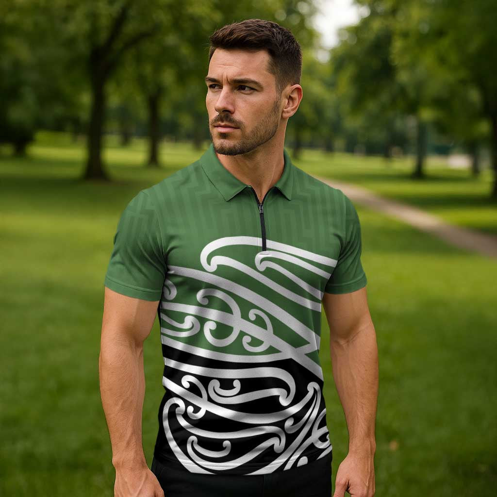 Green Fern New Zealand Kowhai Ngutukak Zipper Polo Shirt - Polynesian Pride