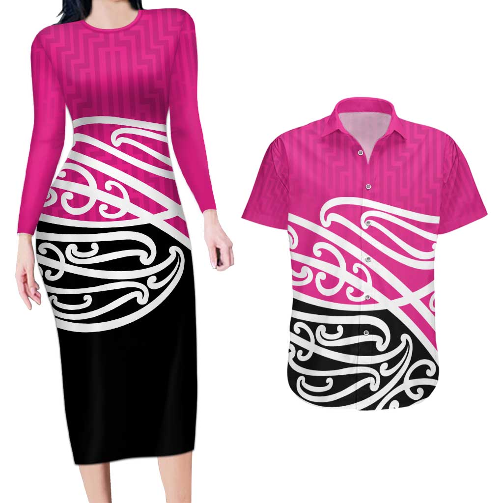 All Pink New Zealand Kowhai Ngutukak Couples Matching Long Sleeve Bodycon Dress and Hawaiian Shirt - Polynesian Pride