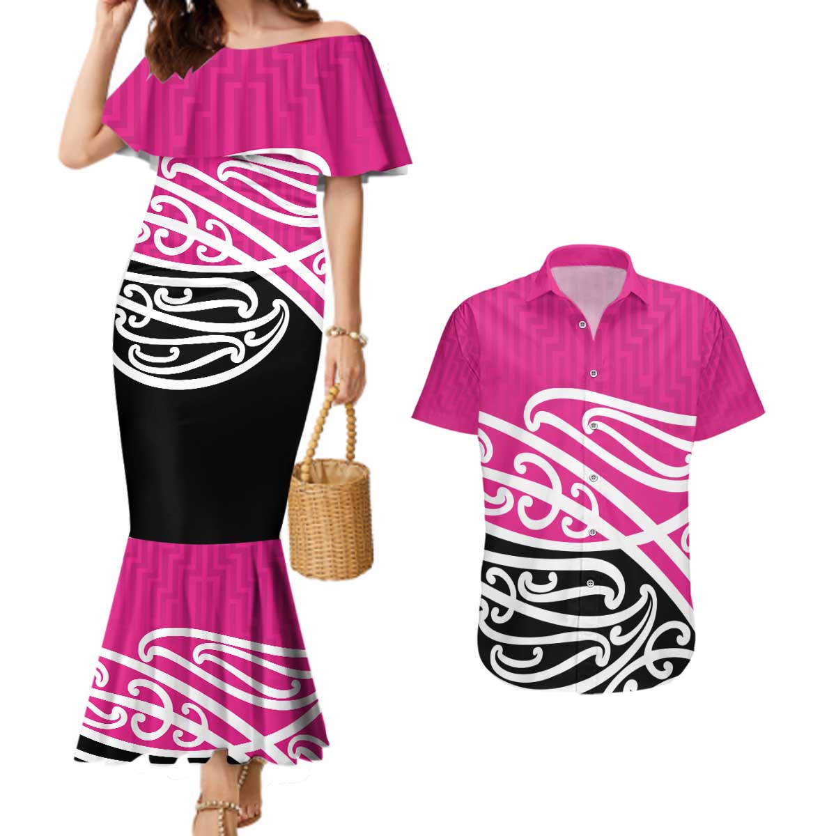 All Pink New Zealand Kowhai Ngutukak Couples Matching Mermaid Dress and Hawaiian Shirt - Polynesian Pride