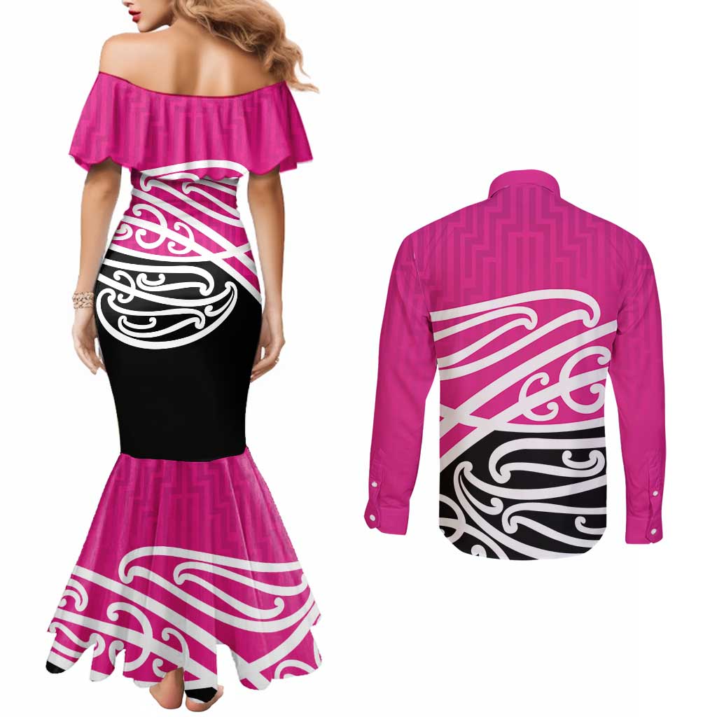 All Pink New Zealand Kowhai Ngutukak Couples Matching Mermaid Dress and Long Sleeve Button Shirt - Polynesian Pride