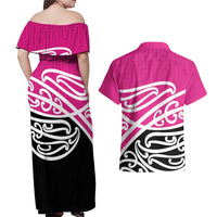 All Pink New Zealand Kowhai Ngutukak Couples Matching Off Shoulder Maxi Dress and Hawaiian Shirt - Polynesian Pride