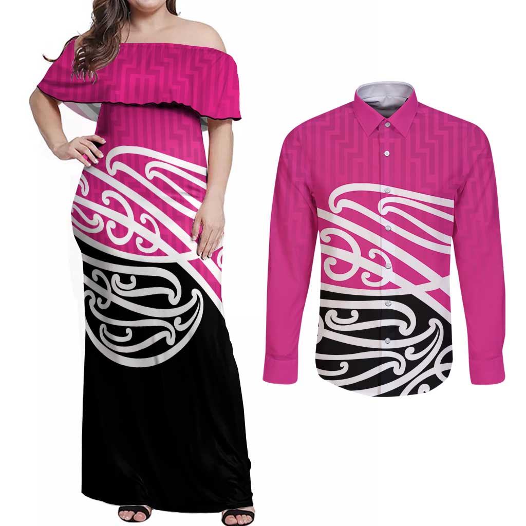 All Pink New Zealand Kowhai Ngutukak Couples Matching Off Shoulder Maxi Dress and Long Sleeve Button Shirt - Polynesian Pride