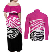 All Pink New Zealand Kowhai Ngutukak Couples Matching Off Shoulder Maxi Dress and Long Sleeve Button Shirt - Polynesian Pride