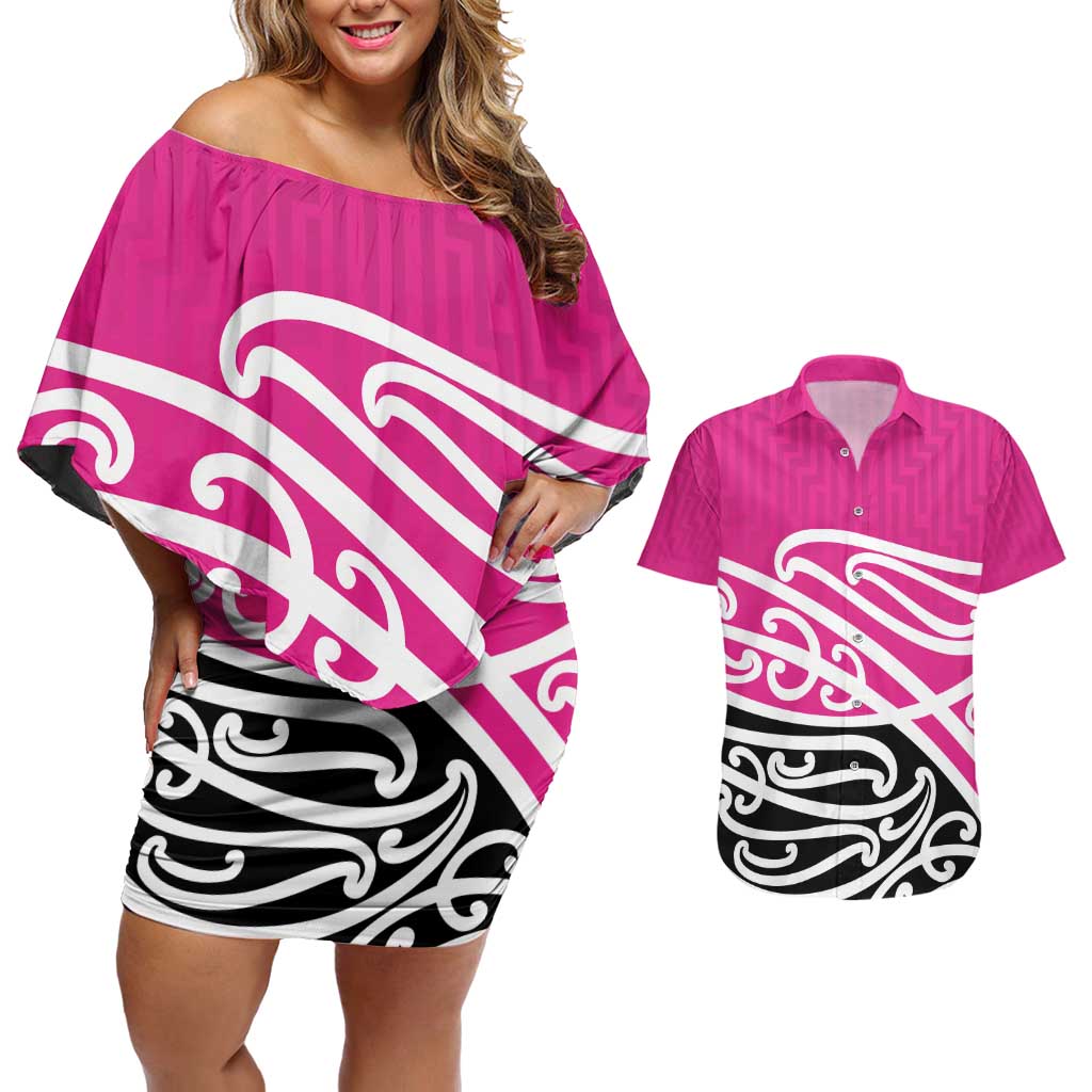 All Pink New Zealand Kowhai Ngutukak Couples Matching Off Shoulder Short Dress and Hawaiian Shirt - Polynesian Pride