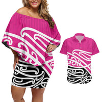 All Pink New Zealand Kowhai Ngutukak Couples Matching Off Shoulder Short Dress and Hawaiian Shirt - Polynesian Pride